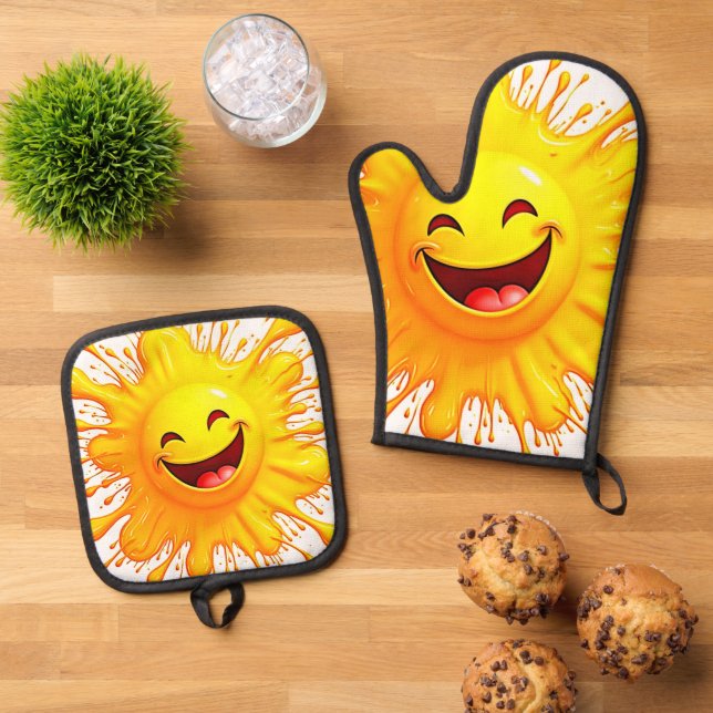 Sunshine Smiles: Bursting Joy Oven Mitt & Pot Holder Set (Top Down)