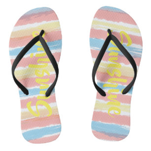 Sunshine Stripes Pink Blue Yellow Watercolor Flip Flops