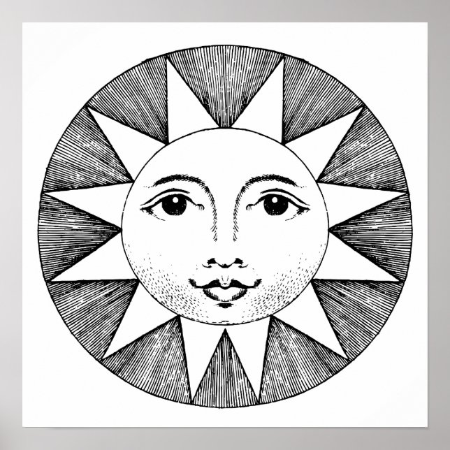 SUNSHINE SUN FACE BLACK & WHITE ART PRINT (Front)