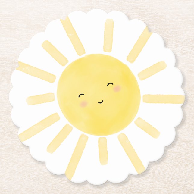 Sunshine, sun minimalist birthday party paper coaster (Front)