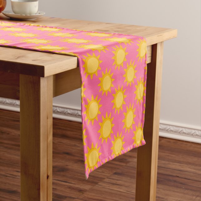 Sunshine Sun Pattern Design On Pink Short Table Runner (In Situ)