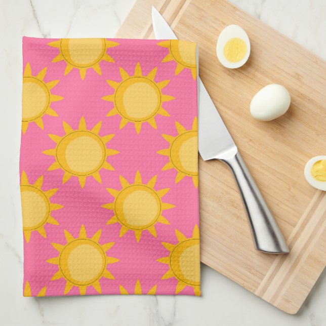 Sunshine Sun Pattern Design On Pink Tea Towel (Quarter Fold)