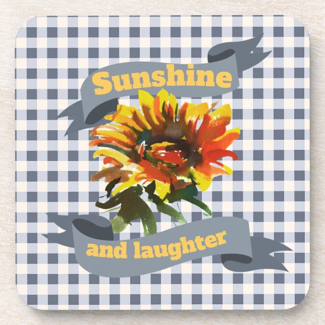 Sunshine Sunflower Blue-grey Gingham Coaster (Front)