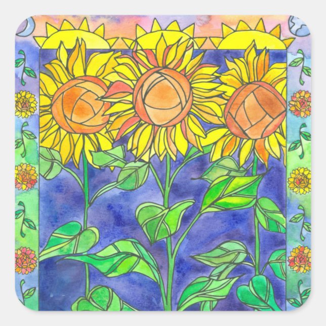 Sunshine Sunflowers Watercolor Flower Painting Square Sticker (Front)