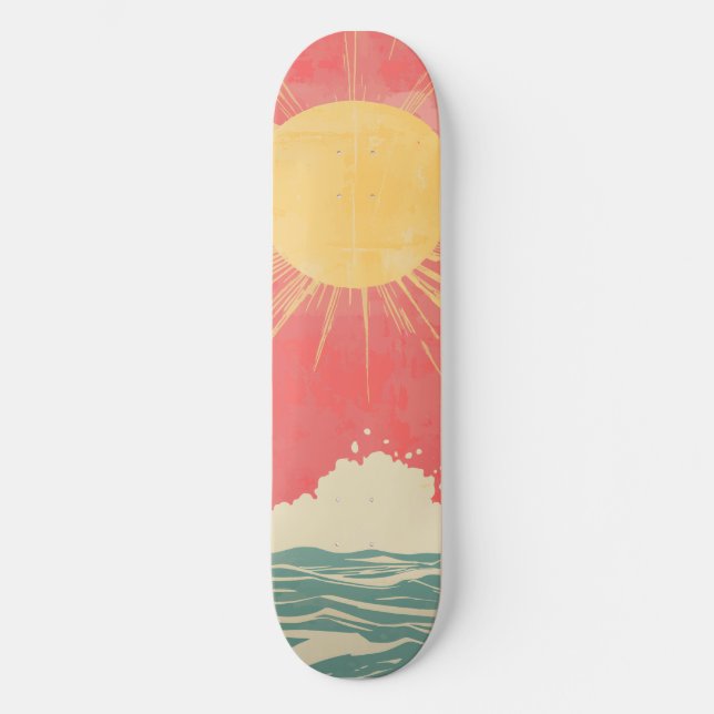 Sunshine Sunrise Retro 70s Boho Yellow Pink Skateboard (Front)