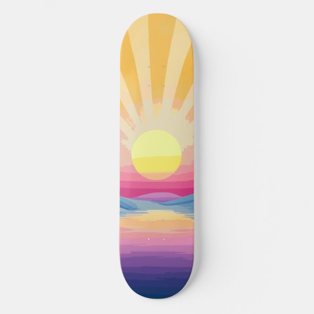Sunshine Sunset Retro 70s Boho Blue Yellow Pink Skateboard (Front)