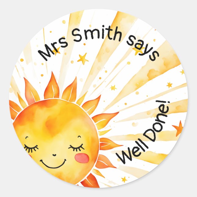 sunshine Teacher well done! kids reward Classic Round Sticker (Front)