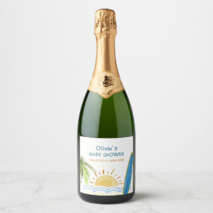 Sunshine Tropical Surfing Baby Shower Sparkling Wine Label