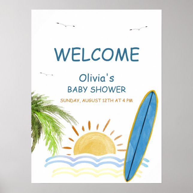 Sunshine Tropical Surfing Baby Shower Welcome Poster (Front)