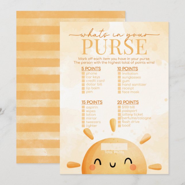 Sunshine What's in Your Purse Baby Shower Game Invitation (Front/Back)