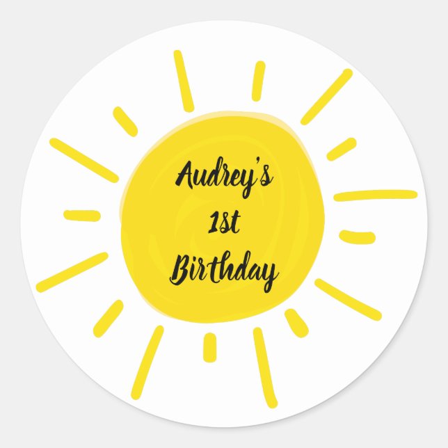 Sunshine Whimsical Yellow Sun Birthday Party Classic Round Sticker (Front)