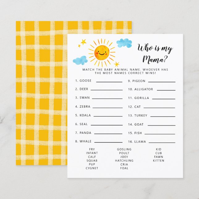 Sunshine Who Is My Mama Baby Shower Game (Front/Back)
