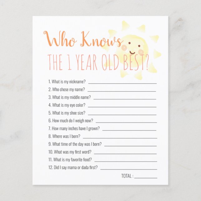 Sunshine Who Knows 1yo Best 1st Birthday Game (Front)