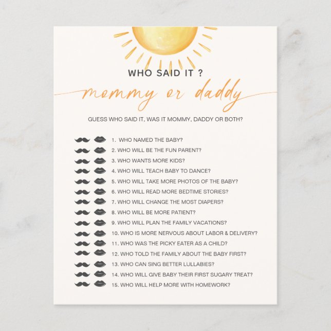 Sunshine Who Said It Mummy Daddy Baby Shower Game (Front)
