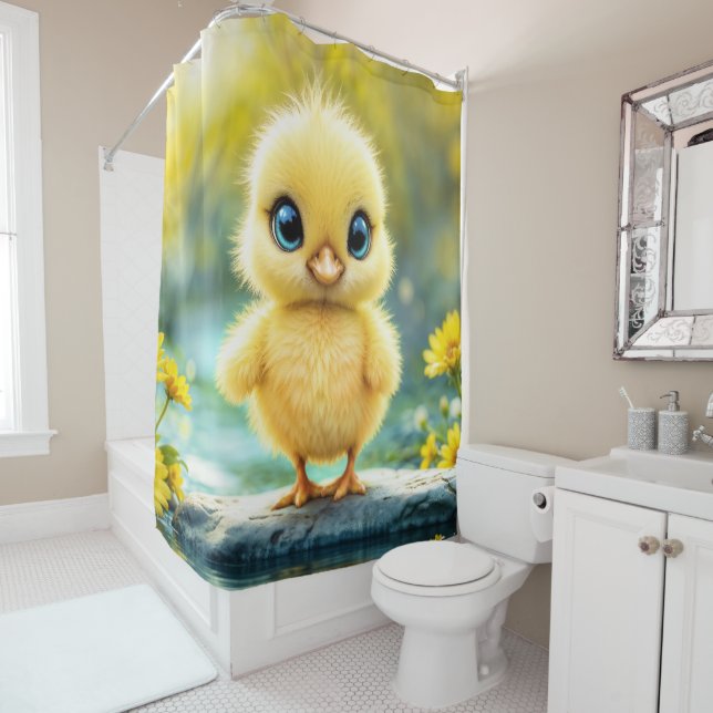 Sunshine yellow fluffy chicken blue - eyed bird shower curtain (In Situ)