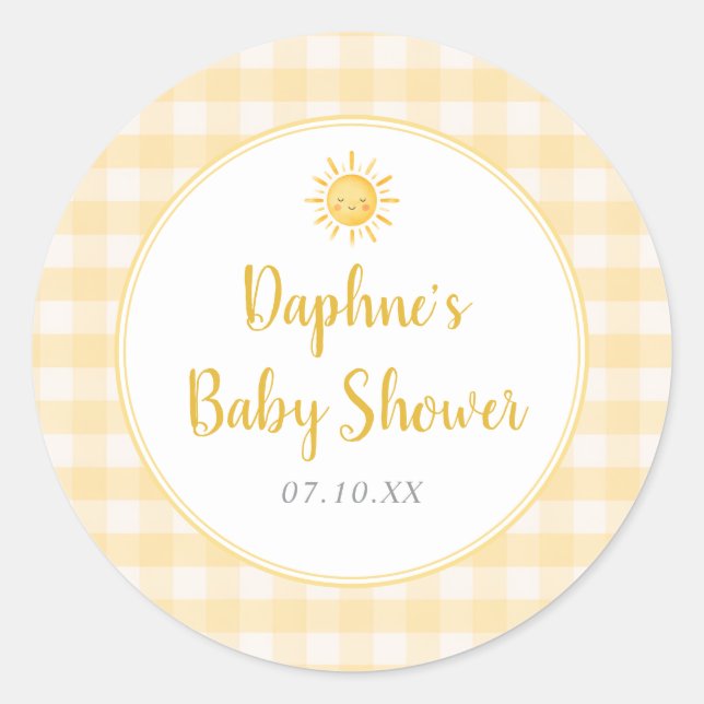 Sunshine Yellow Gingham Baby Shower Sticker (Front)