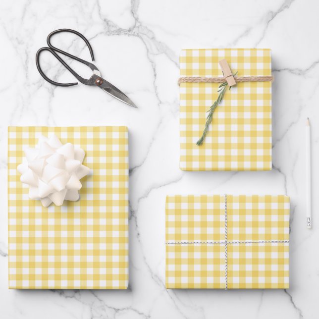 Sunshine Yellow Gingham Check Pattern Wrapping Paper Sheet (Front)