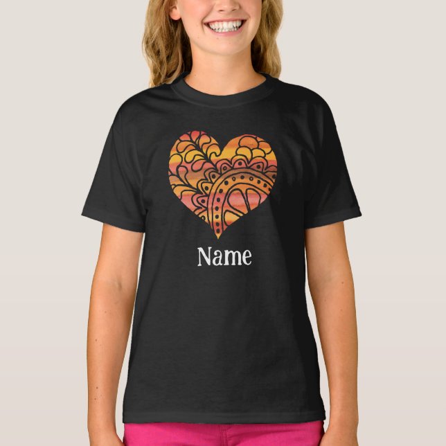 Sunshine Yellow Orange Mandala Heart Customised T-Shirt (Front)