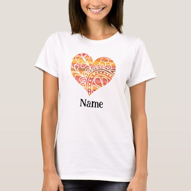 Sunshine Yellow Orange Mandala Heart Customised T-Shirt (Front)
