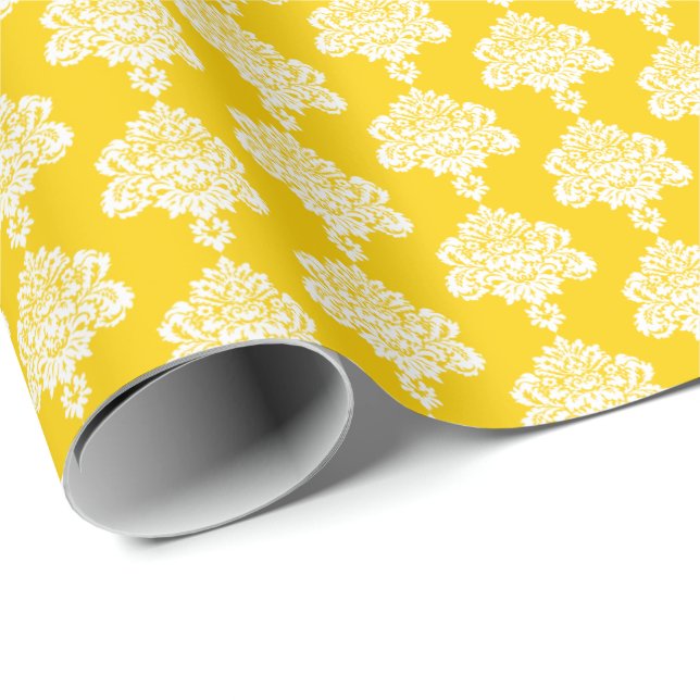 Sunshine Yellow | White Damask Wrapping Paper (Roll Corner)