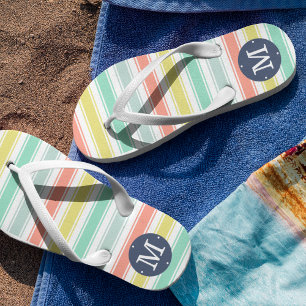 Sunwashed Neon Summer Cabana Stripe Monogram Flip Flops