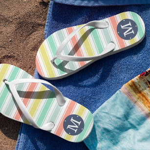 Sunwashed Neon Summer Cabana Stripe Monogram Flip Flops