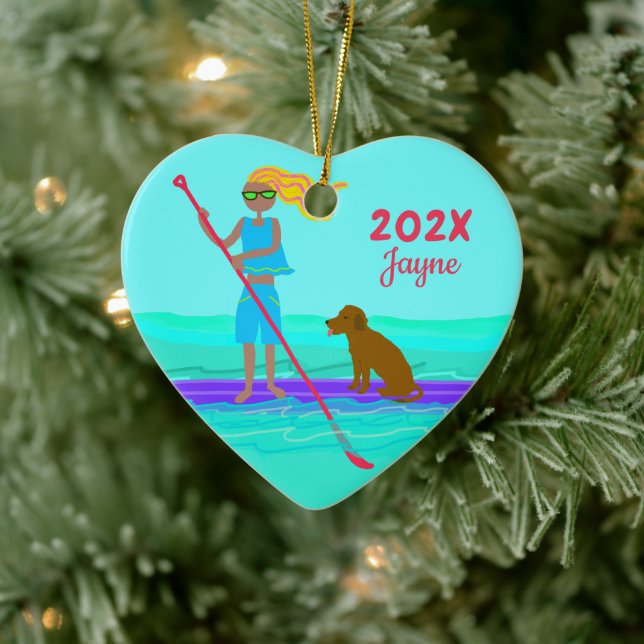 SUP Girl Dog Paddleboarding Christmas Ceramic Tree Decoration (Tree)