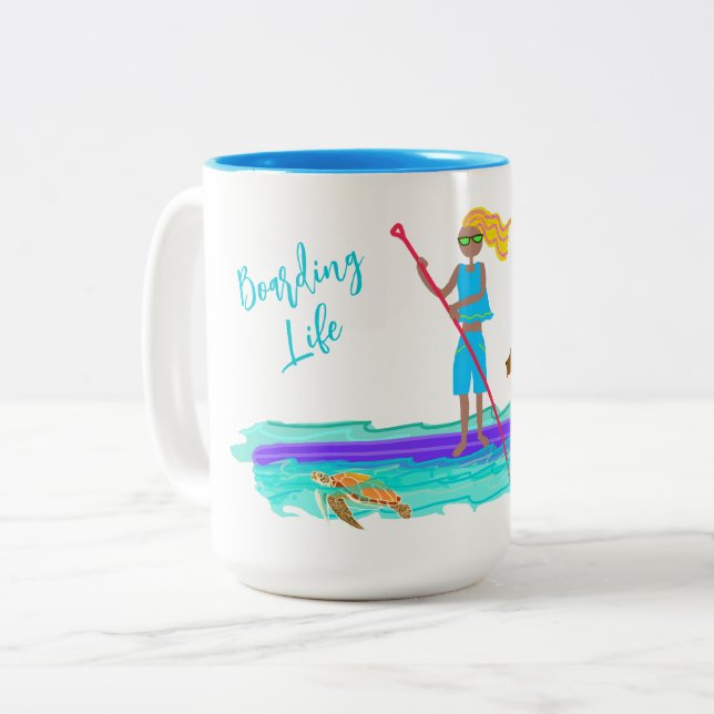 SUP Illustrated Paddleboarding With Dog Two-Tone Coffee Mug (Front Left)
