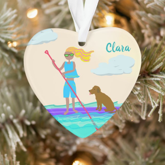 SUP Stand Up Paddleboarding Girl Dog Photo Ornament (Tree)
