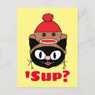 'Sup? (What's up) Cat Sock Monkey Hat postcard