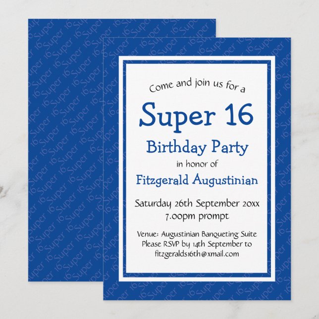 SUPER 16 Sixteenth Birthday Personalised BLUE Invitation (Front/Back)