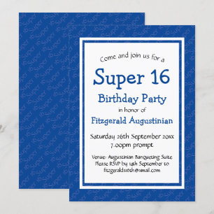 SUPER 16 Sixteenth Birthday Personalised BLUE Invitation