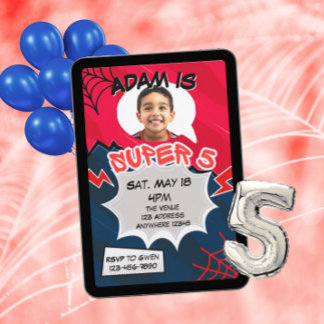 Super 5 Red Black Web Comic 5th Birthday Invitation