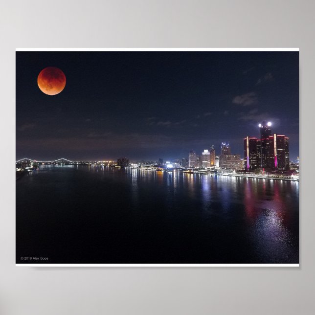 Super Blood Wolf Moon over drone photo of Detroit Poster (Front)