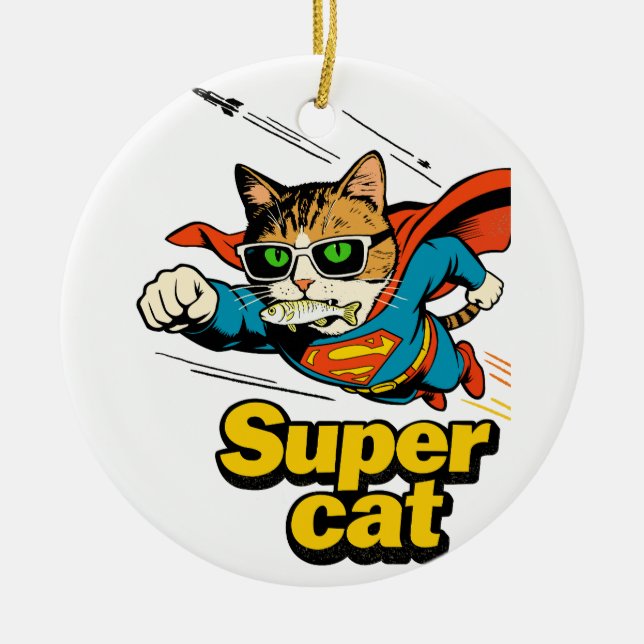 Super Cat Flying with Fish  Ceramic Tree Decoration (Front)