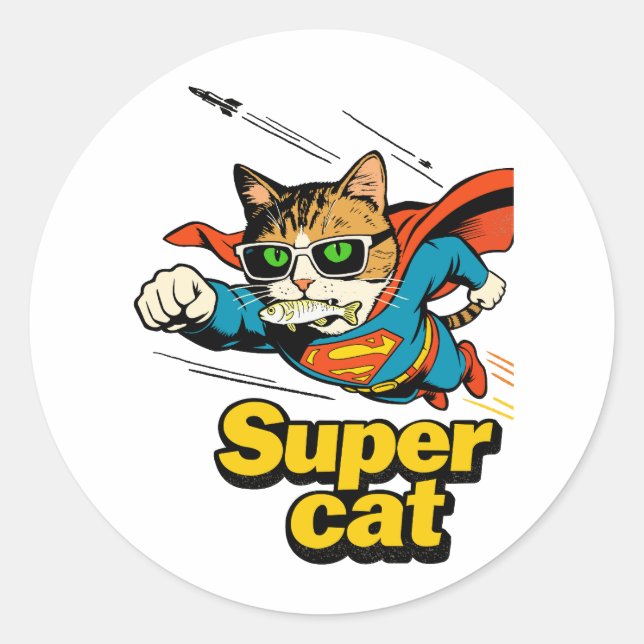 Super Cat Flying with Fish  Classic Round Sticker (Front)