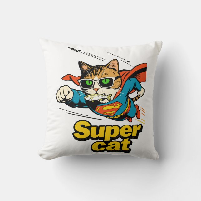 Super Cat Flying with Fish  Cushion (Front)