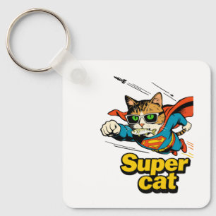 Super Cat Flying with Fish  Key Ring