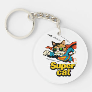 Super Cat Flying with Fish  Key Ring
