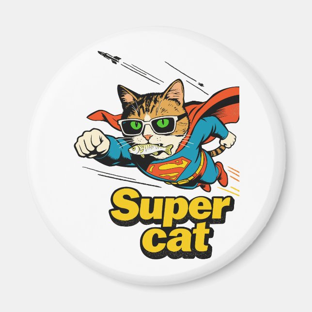 Super Cat Flying with Fish  Magnet (Front)