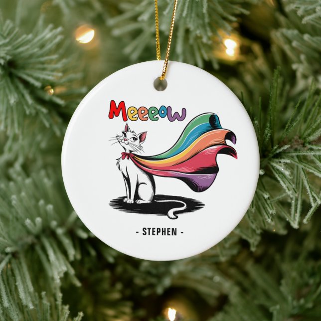 Super Cat Meeeow – Rainbow Cape Pride Cat Ceramic Tree Decoration (Tree)