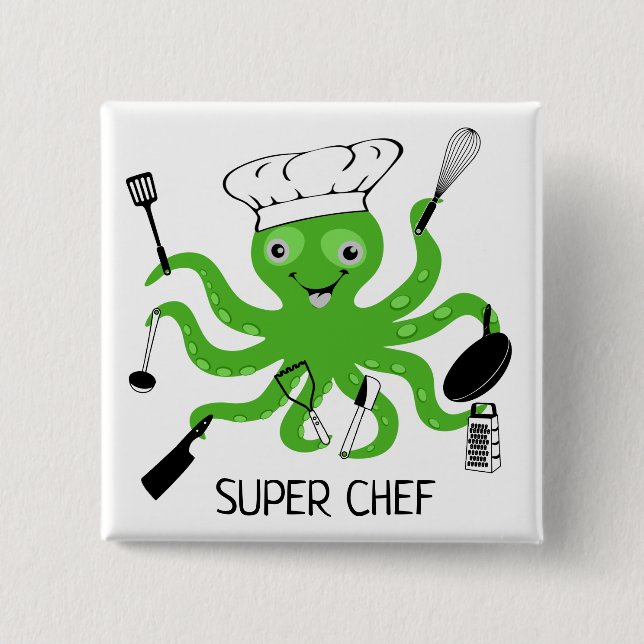 Super Chef Green Octopus Personalise 15 Cm Square Badge (Front)