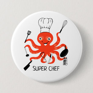 Super Chef Orange Octopus with Kitchen Gadgets 7.5 Cm Round Badge