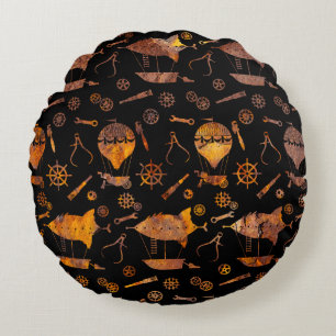 Super Colourful Rust Steampunk Airships Theme Round Cushion