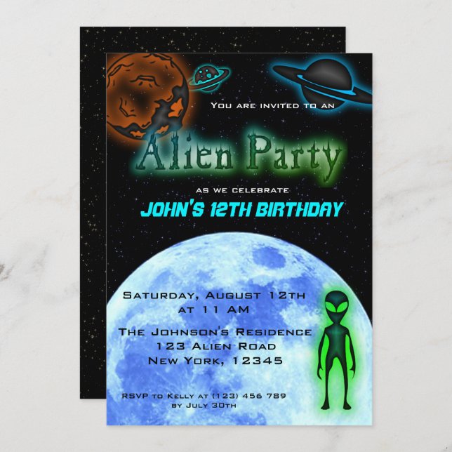Super Cool Alien Birthday Party Invite (Front/Back)