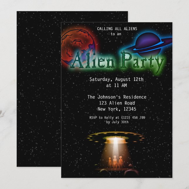 Super Cool Alien & UFO Party Invite (Front/Back)