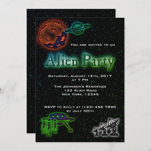 Super Cool Alien & UFO Party Invite (Front/Back)