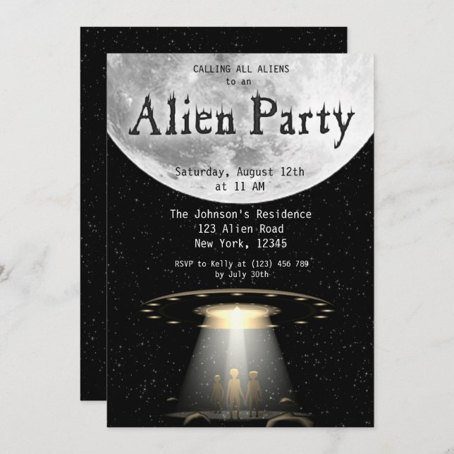 Super Cool Black & White Alien & UFO Party Invite (Front/Back)