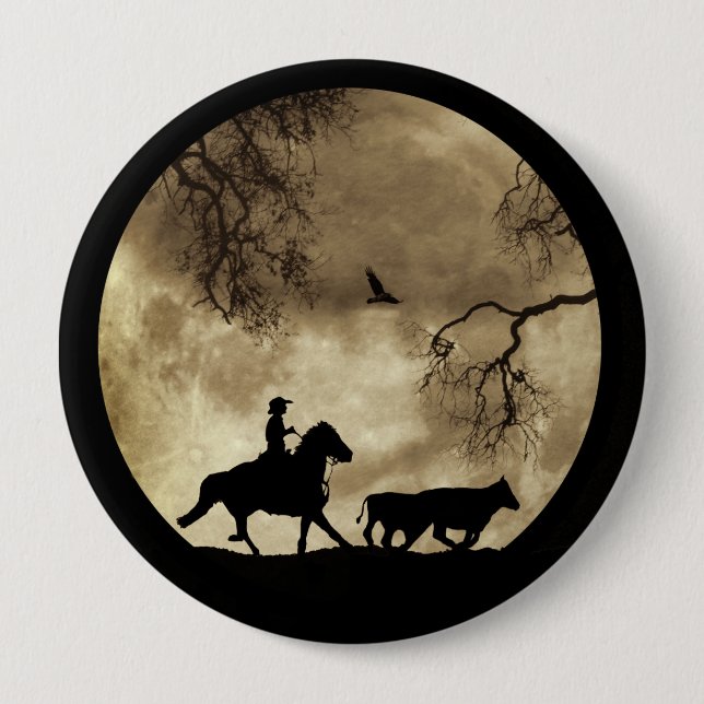 Super cool cowboy and horse in a full moon 10 cm round badge (Front)