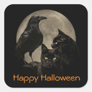 Super Cool Gothic Raven and Cats Halloween Square Sticker